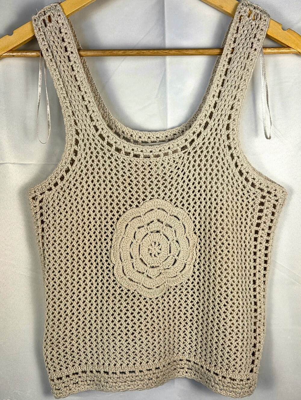 Jessica Simpson Boho Crochet Floral Tank Top Cream Beige S